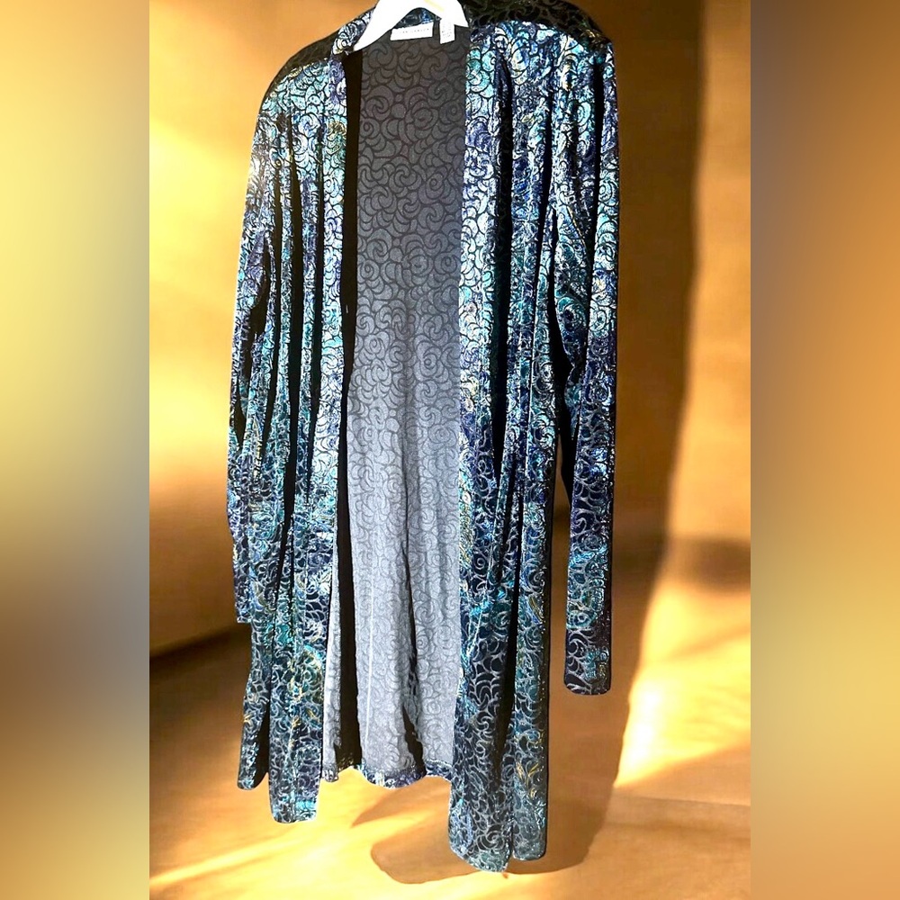 SusanGraver Iridescent BurnoutVelvet Duster BlueTeal Sz L Whimsigoth Witchy Boho